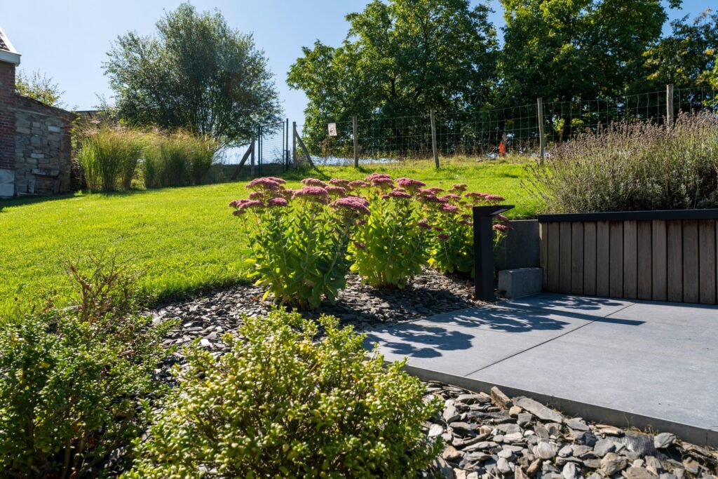 Terrasse en dalles grises, jardinière en bois et massif de sedums